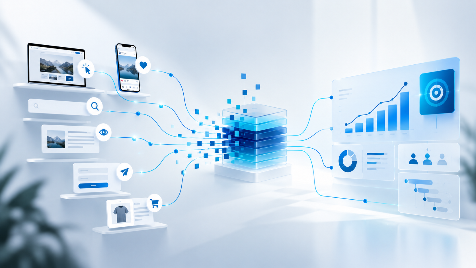 Digitale Interaktionen werden in einem zentralen Datenhub erfasst und zu klaren Analytics-Auswertungen mit Diagrammen verarbeitet.