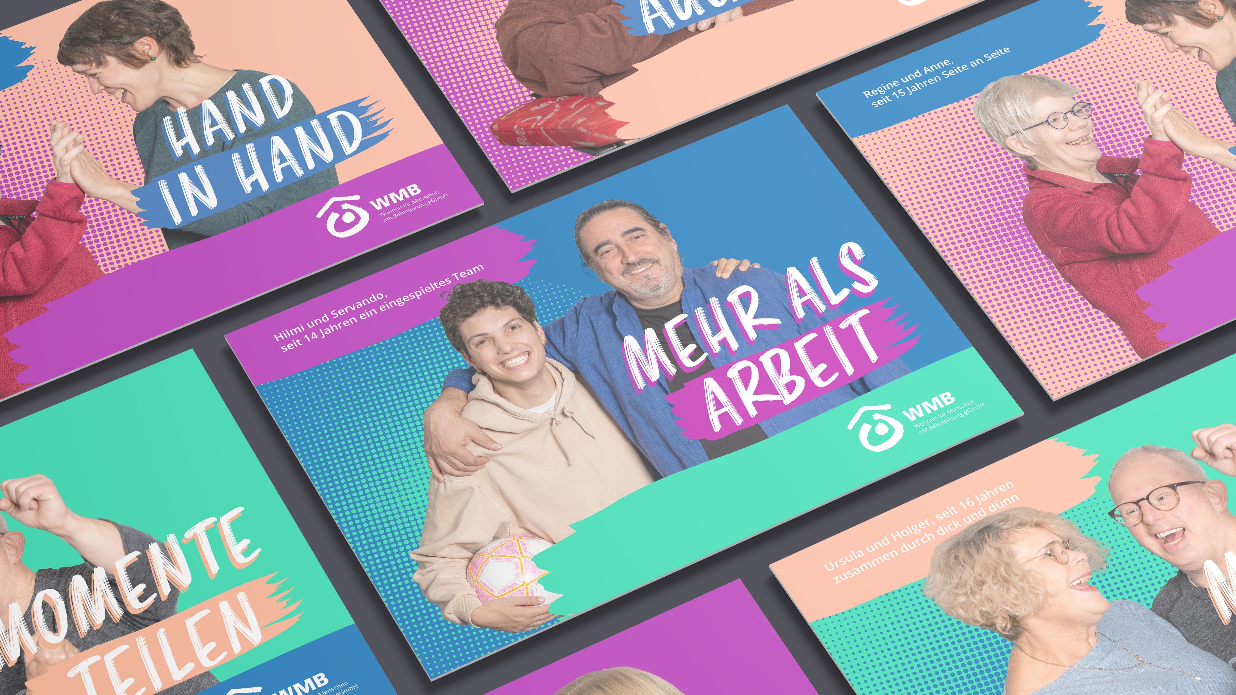Zoom auf einige Karten mit Menschen in Paaren und Slogans wie 