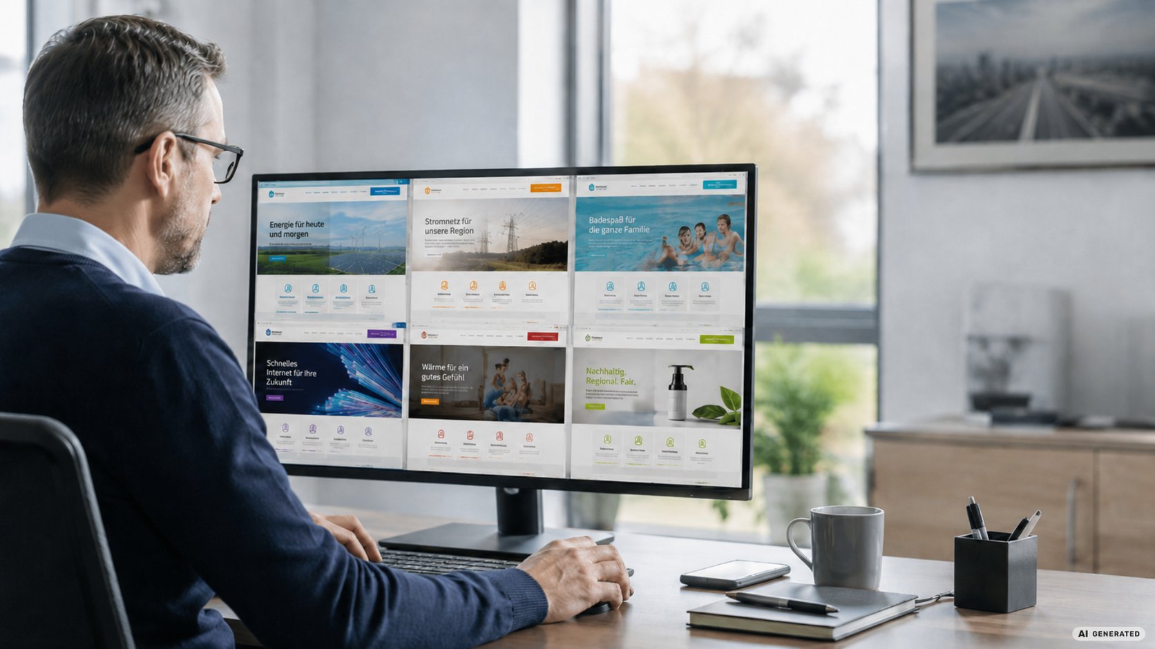Fiktiver Mitarbeiter eines Energieversorgers verwaltet mehrere Websites über eine zentrale Web-Architektur für Multimandanten.