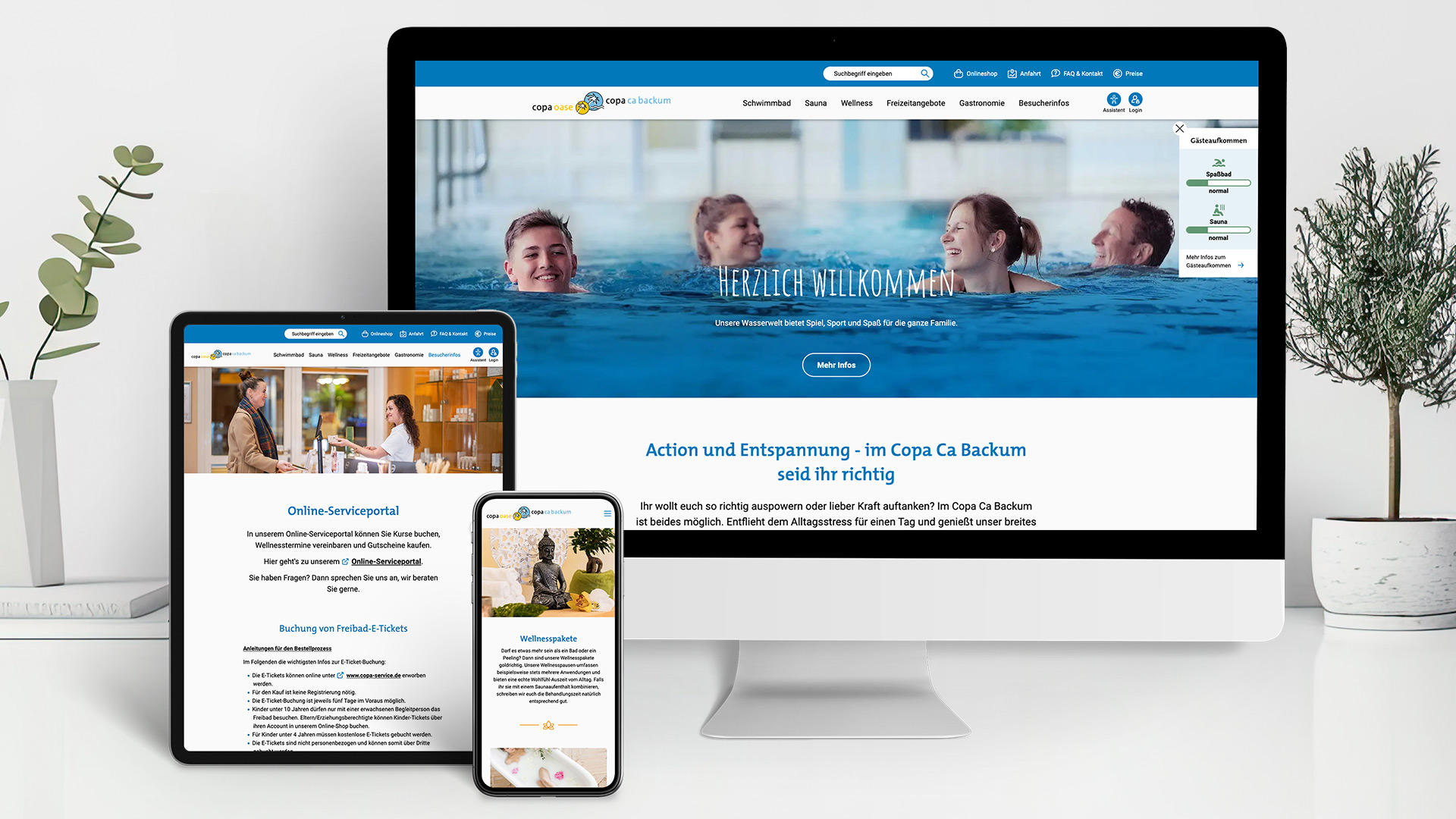 Responsive Website des Copa Ca Backum mit SOLR-Suche und API-Auslastungsanzeige auf Desktop, Tablet und Smartphone