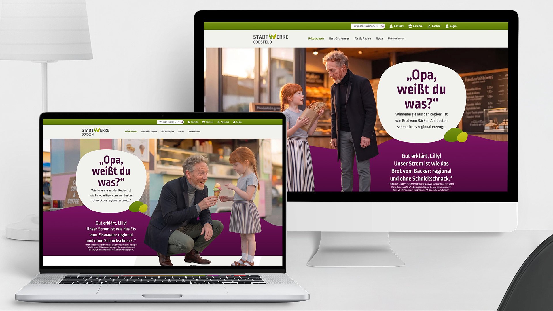 Digitale Kampagne der Stadtwerke Coesfeld und Stadtwerke Borken für regionale Windenergie auf Desktop und Laptop