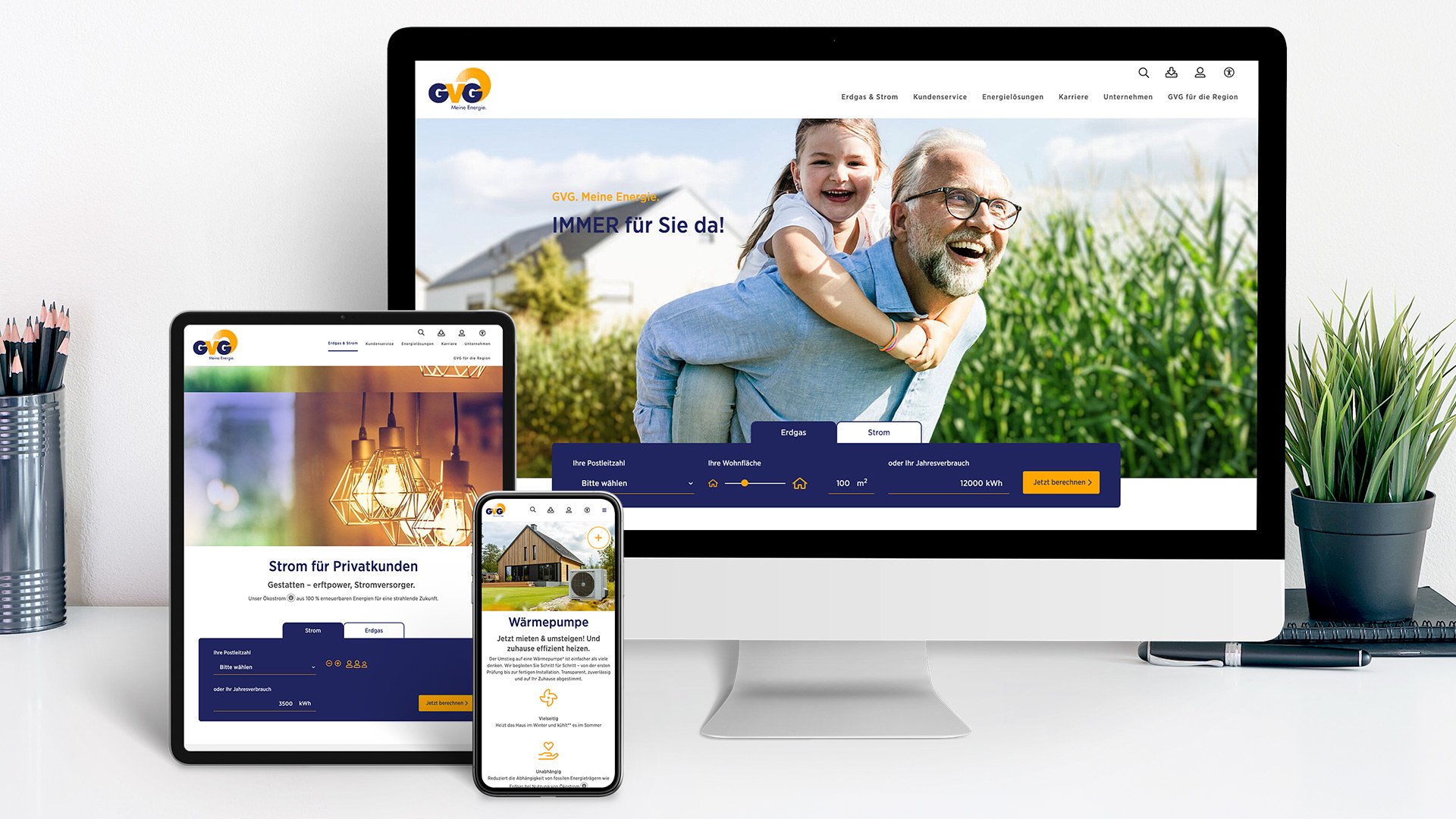 Responsive GVG-Website mit Tarifrechner für Erdgas und Strom sowie Wärmepumpen-Angebot auf Desktop, Tablet und Smartphone