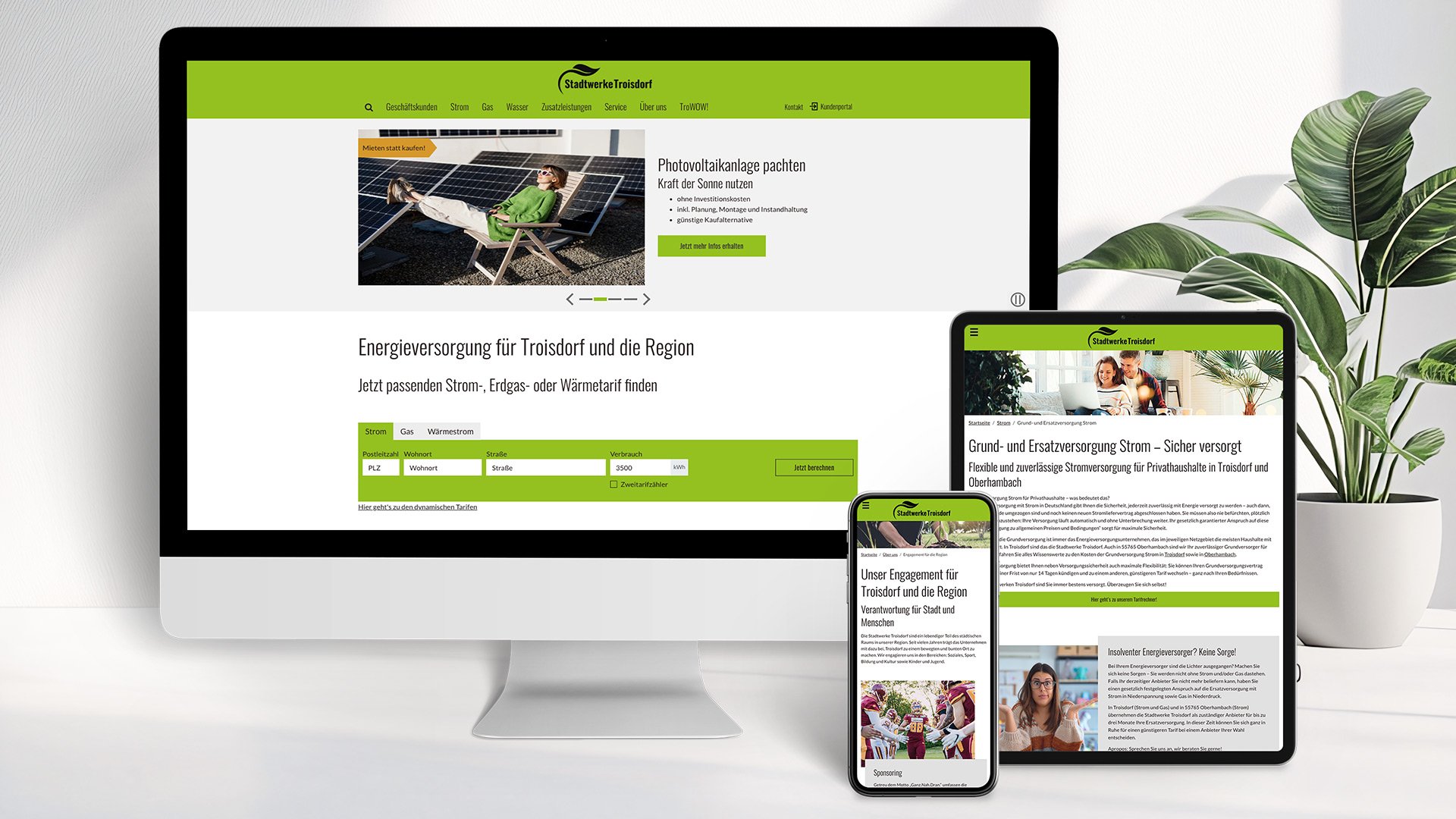 Responsive Website der Stadtwerke Troisdorf mit Tarifrechner für Strom, Gas und Wärme auf Desktop, Tablet und Smartphone