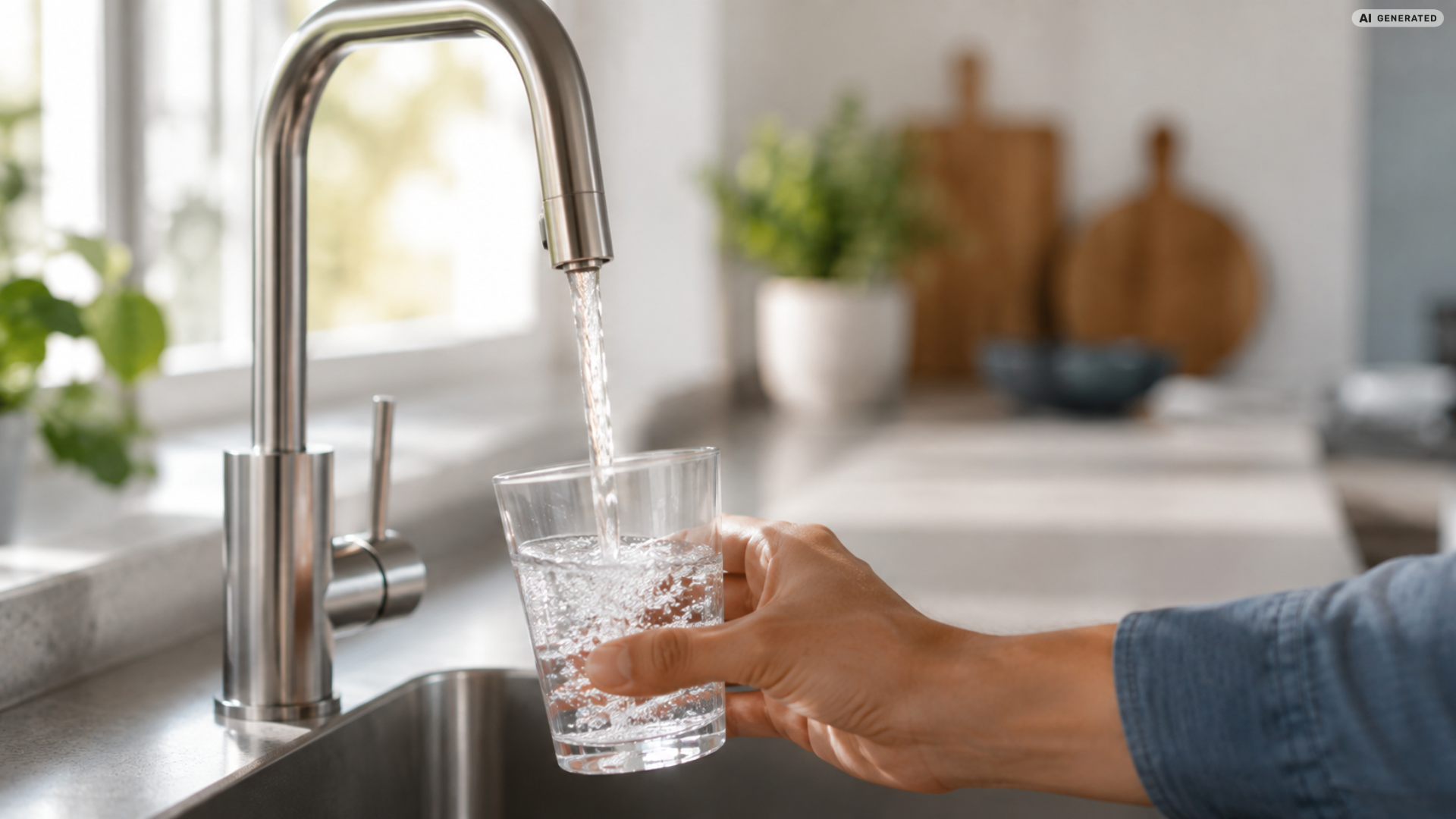 Nahaufnahme eines Wasserglases, das in einer modernen Küche mit frischem Leitungswasser aus dem Wasserhahn befüllt wird.