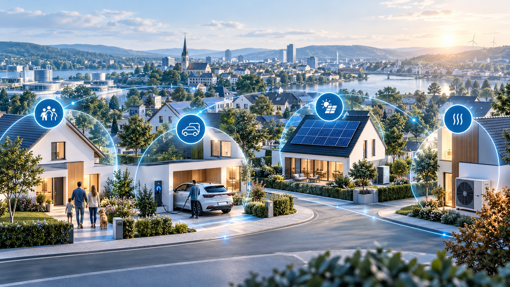 Illustration eines vernetzten Wohnquartiers mit verschiedenen Haushalten, E-Auto-Ladestation, Solaranlage und Wärmepumpe. Leuchtende Verbindungslinien symbolisieren, wie Stadtwerke und Versorger unterschiedliche Zielgruppen mit passenden Energie- und Serviceangeboten erreichen.