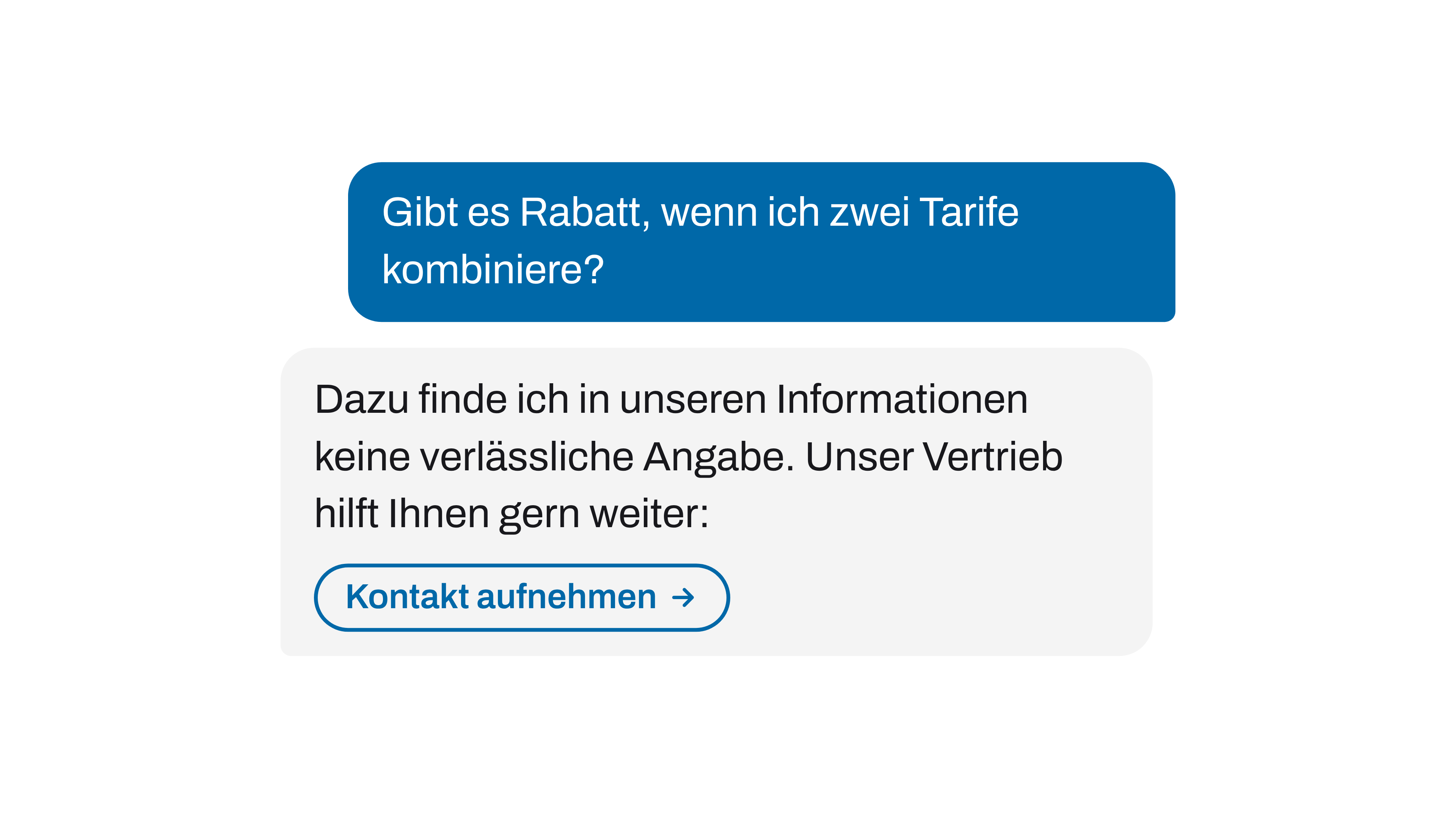 Auf die Frage nach Rabatt für zwei kombinierte Tarife findet Vanessa keine verlässliche Angabe und verweist an den Vertrieb