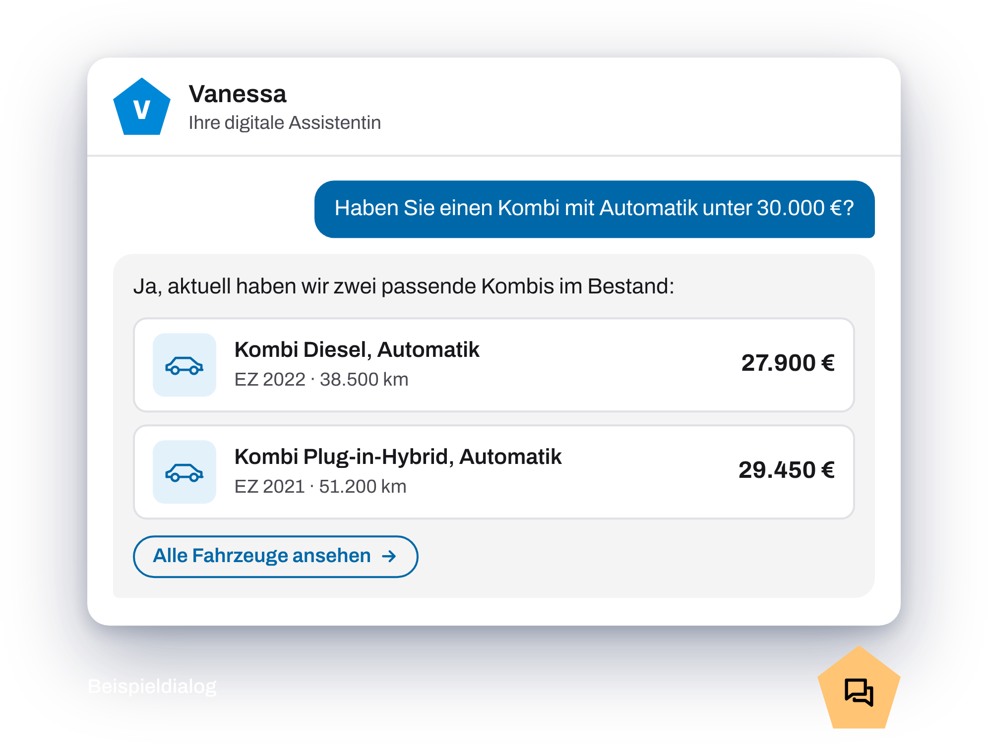 KI-Chatbot Vanessa zeigt auf die Frage nach einem Kombi unter 30.000 € passende Fahrzeuge aus dem Bestand eines Autohauses