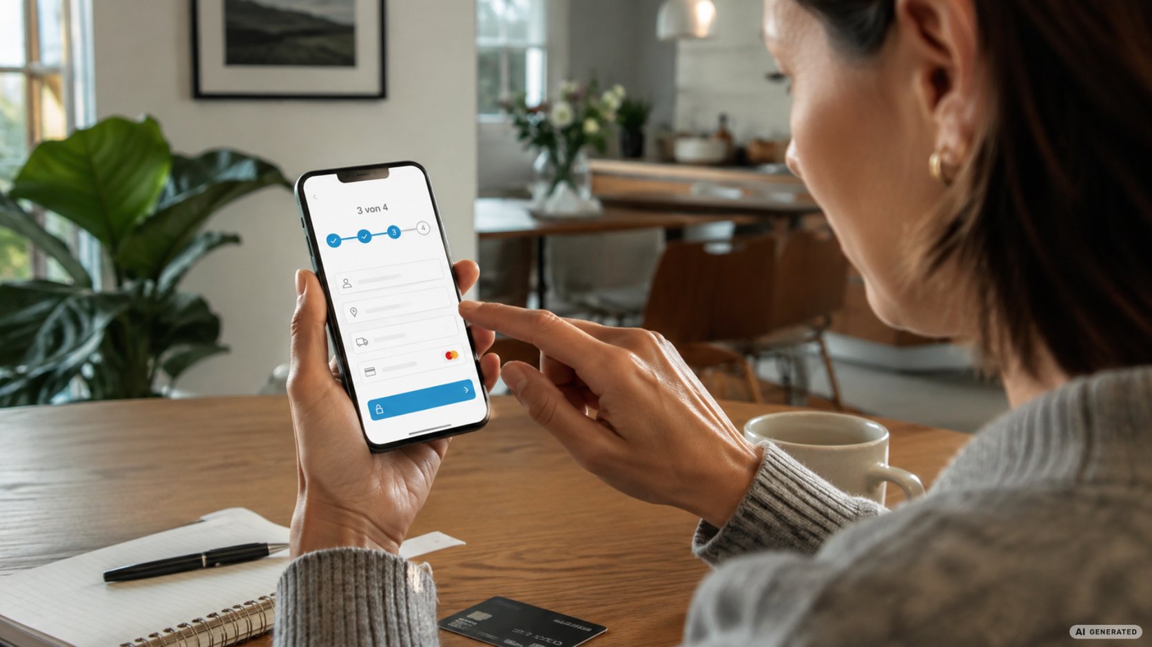 Frau durchläuft auf ihrem Smartphone einen mehrstufigen digitalen Bestellprozess für einen Vertragsabschluss.
