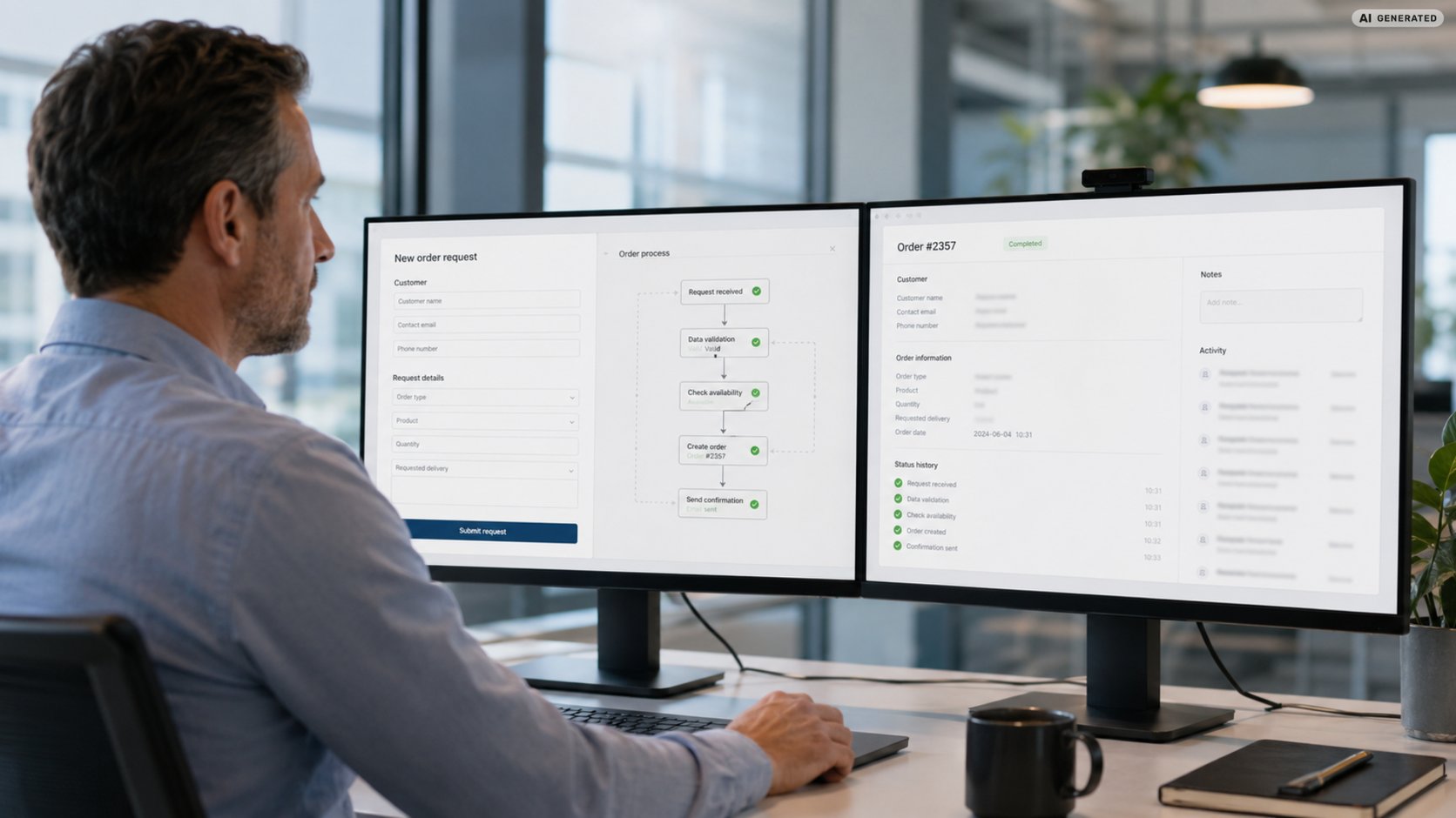 Mitarbeiter überwacht auf zwei Monitoren einen automatisierten digitalen Bestellprozess mit Datenprüfung, Systemübergabe und Auftragsverarbeitung.