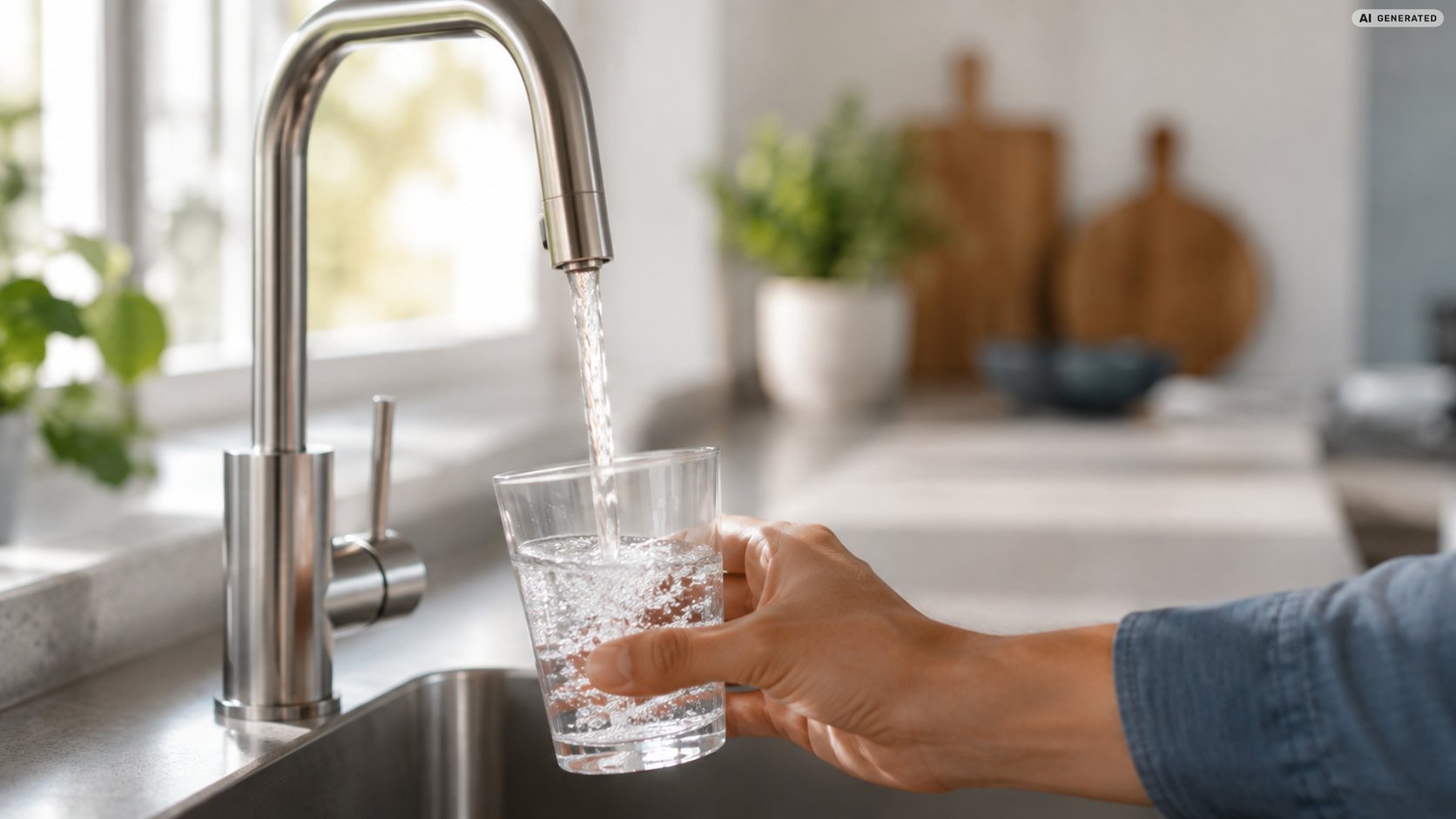 Nahaufnahme eines Wasserglases, das in einer modernen Küche mit frischem Leitungswasser aus dem Wasserhahn befüllt wird.